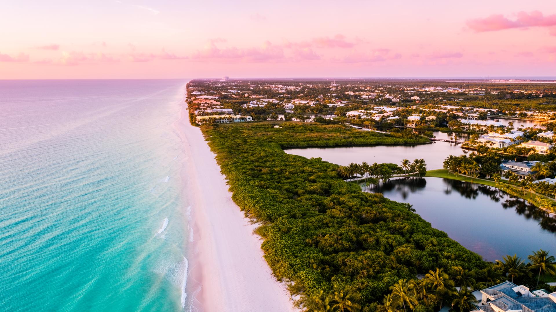 Aerial view of Turtle Beach, Crystal Beach Florida waterfront community at golden hour